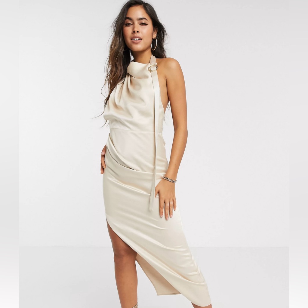 Asos Design Size 4/Small Halter Midi Dress Drape Detail In Textured Crepe Satin